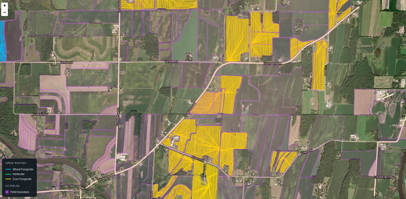 Aerial field map with field boundaries and planned application routes