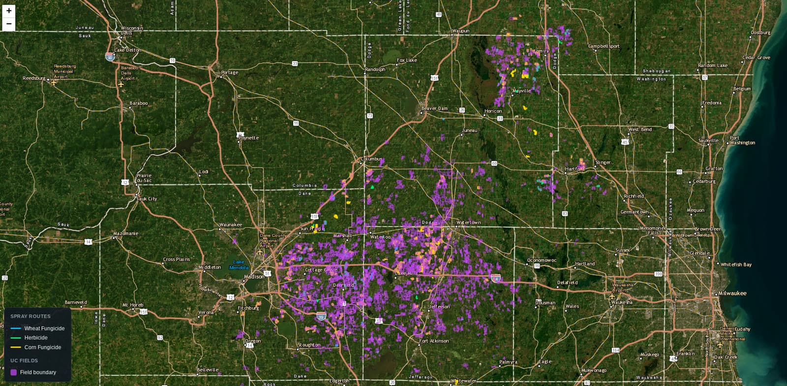 Regional aerial map showing mapped agricultural fields and planned routes