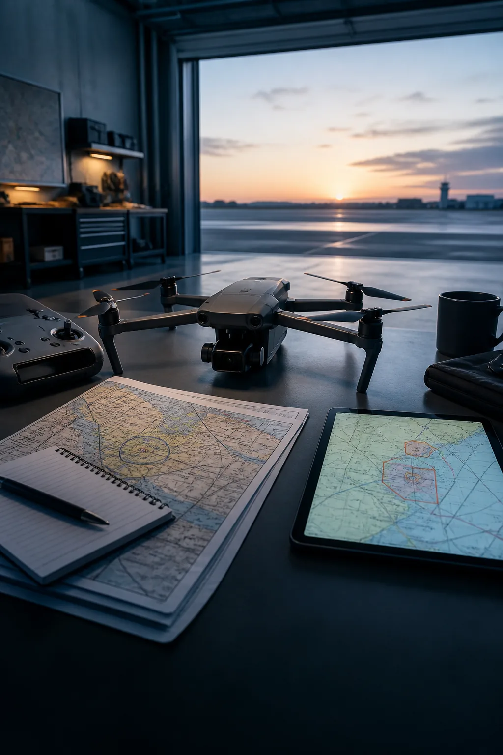 Professional drone, controller, aeronautical chart, and flight-planning tablet
